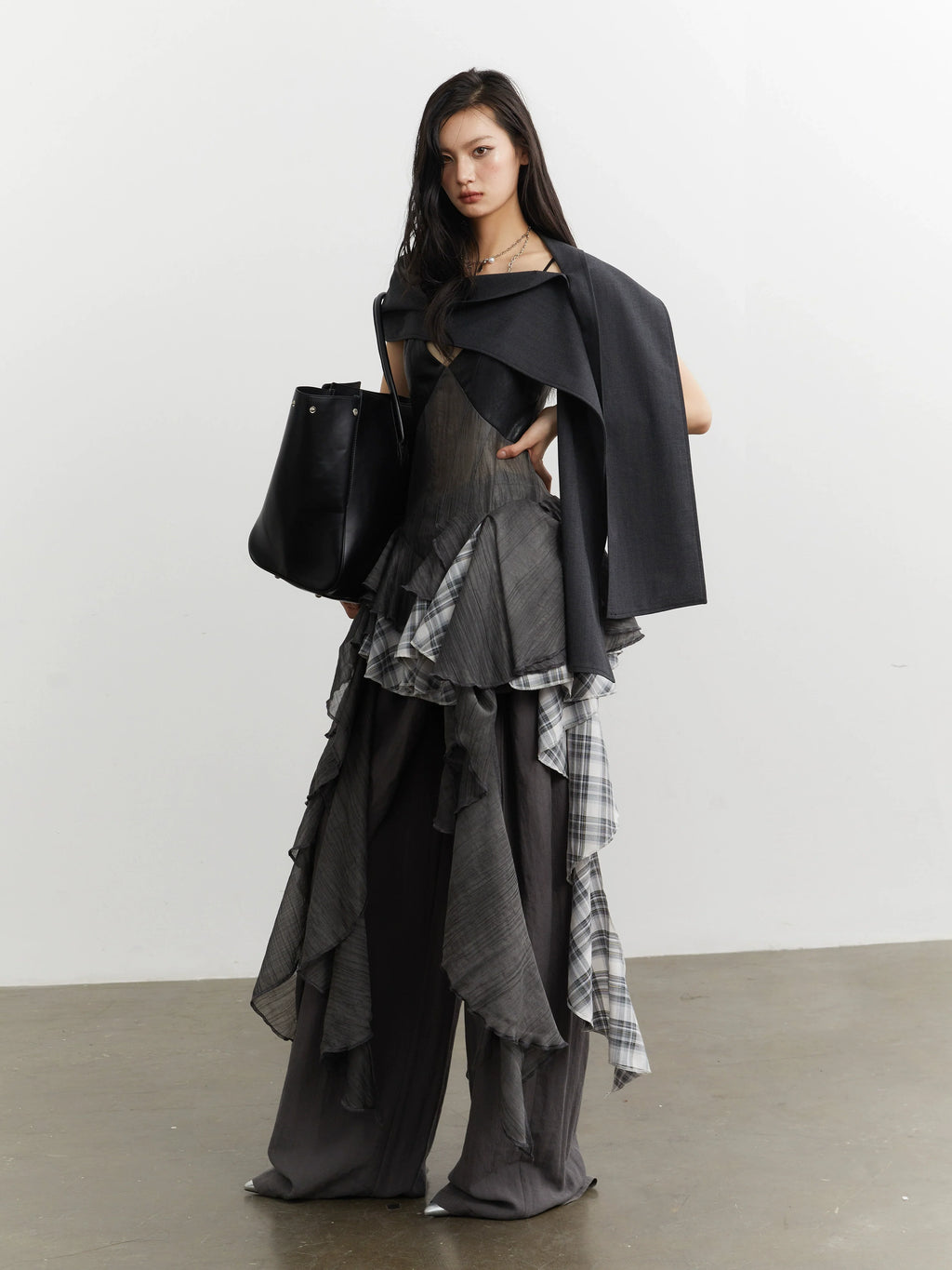 Noir Plaid Ruffle Cascade Dress