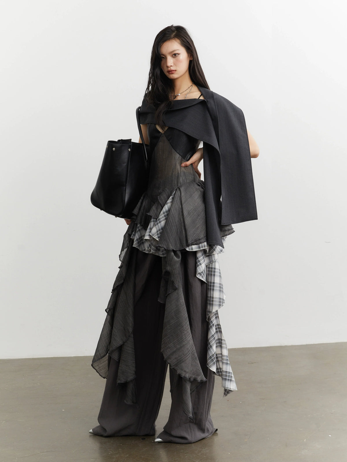 Noir Plaid Ruffle Cascade Dress