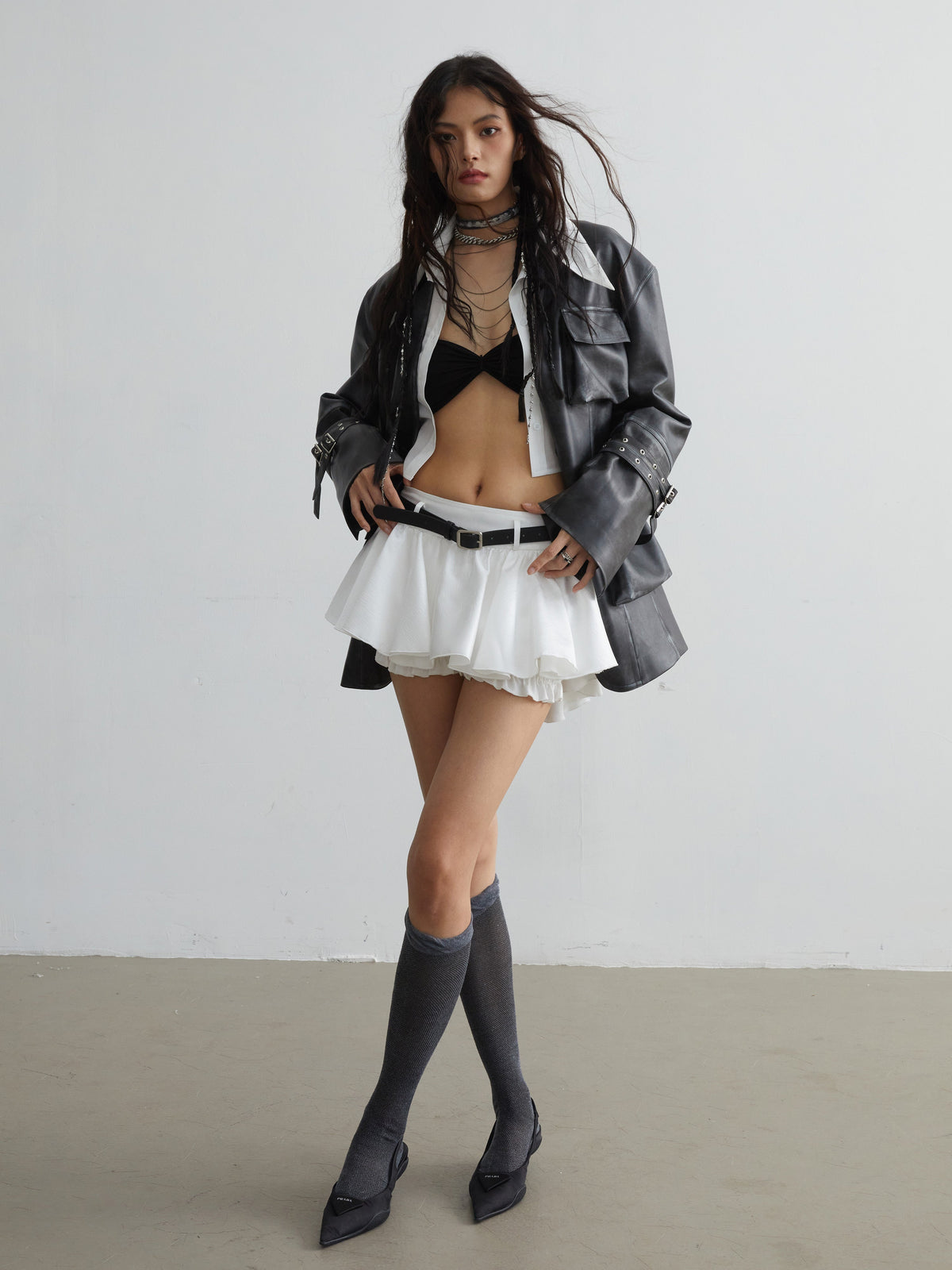 Vintage Pu Leather 3D Pocket No-Collar Jacket