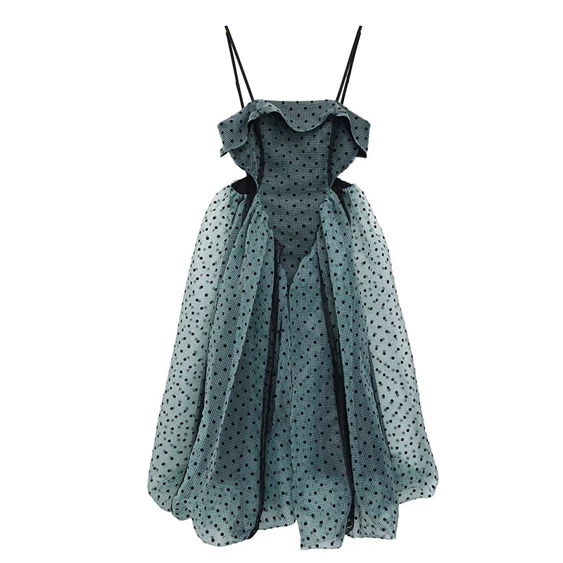 Sage Polka Dot Strapless Midi Dress