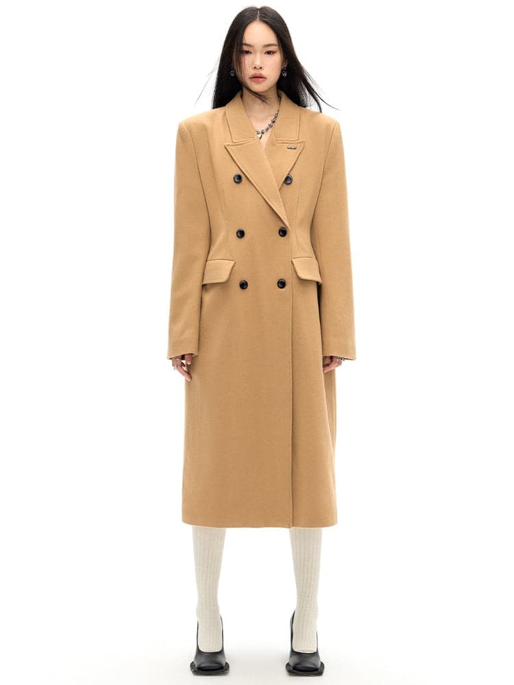 Double-Breasted Wool Long Coat - Slim Waist Tailored Winter Outerwear