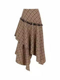 Tassel Plaid Asymmetric Skirt