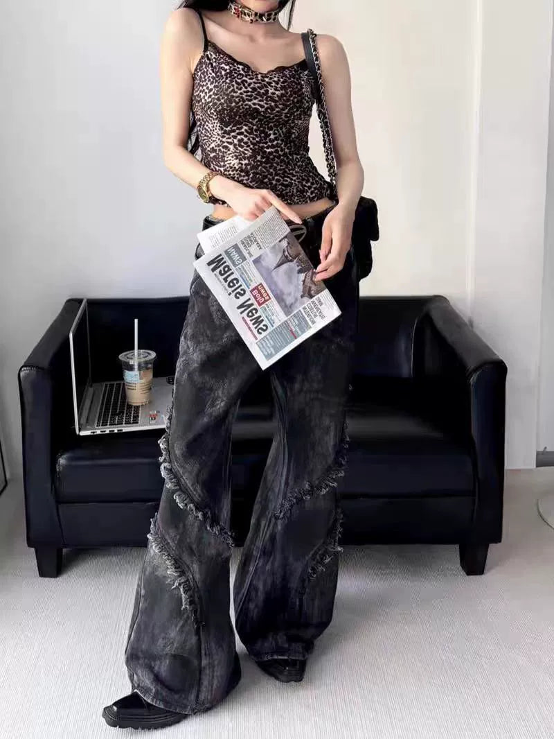 Black Distressed Flared Jeans with Frayed Seams