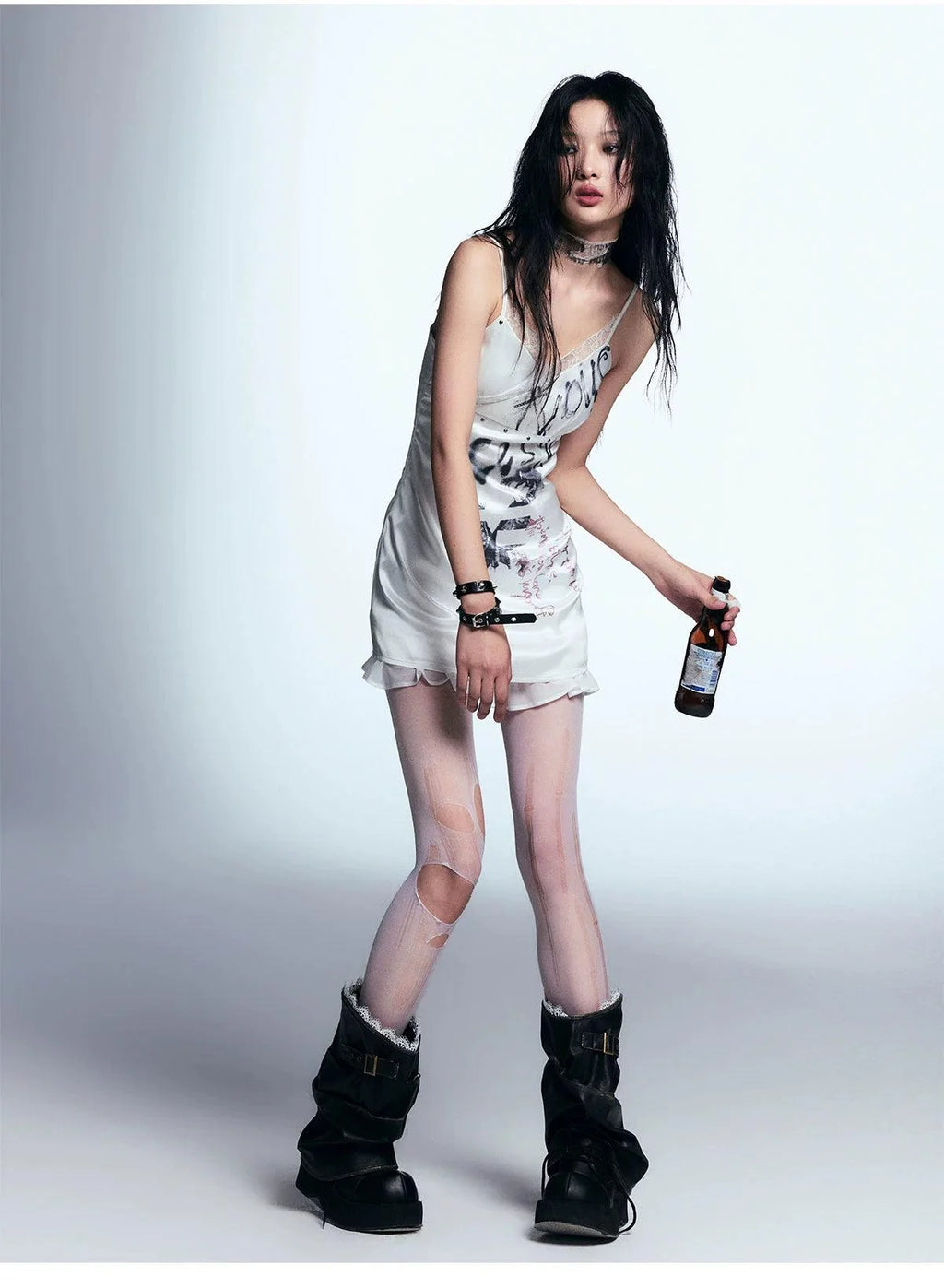 White Distressed Graphic Tank Dress - Women'S Sleeveless Mini Bodycon With Grunge Print