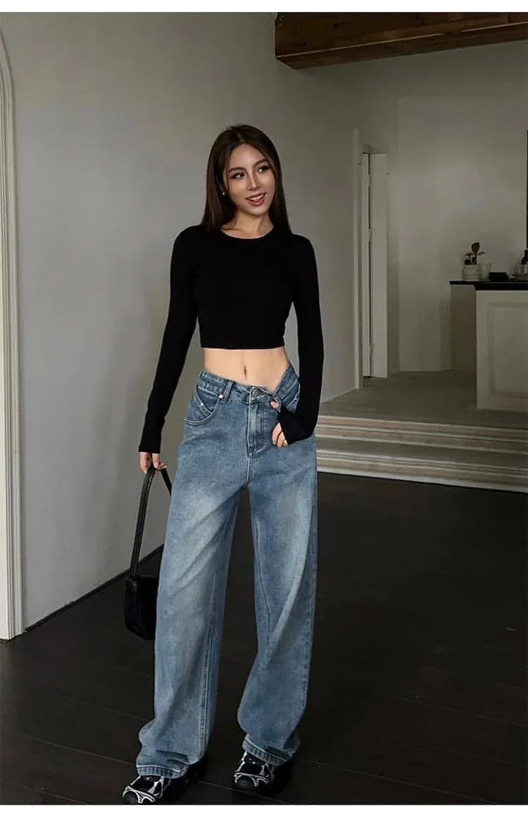 High-Waist Loose Wide-Leg Denim Jeans