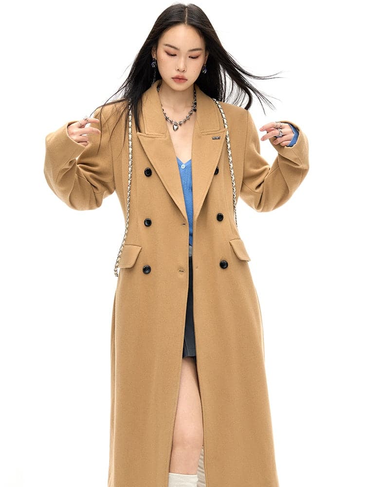 Double-Breasted Wool Long Coat - Slim Waist Tailored Winter Outerwear