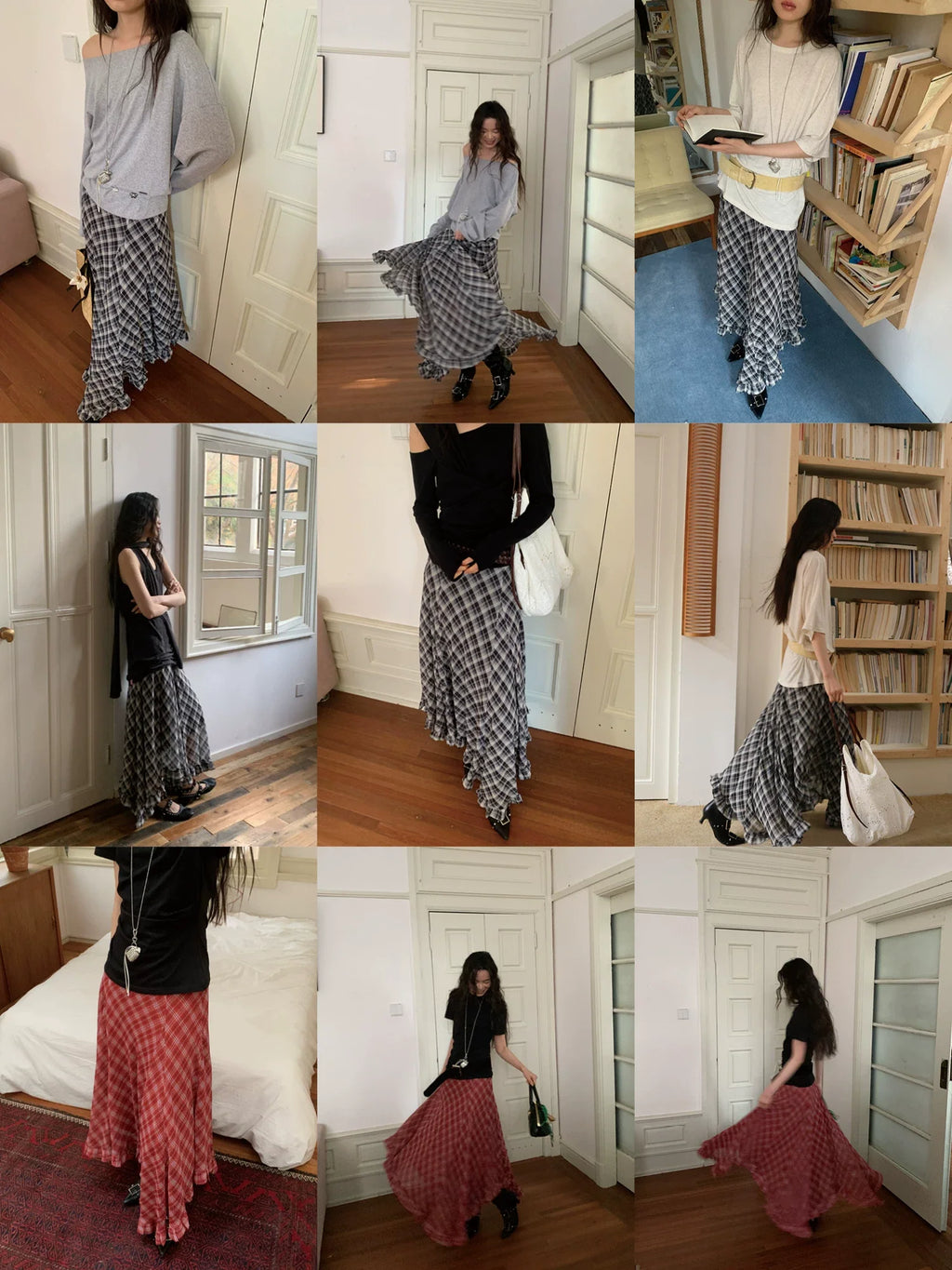Plaid Chiffon Asymmetric Hem Skirt