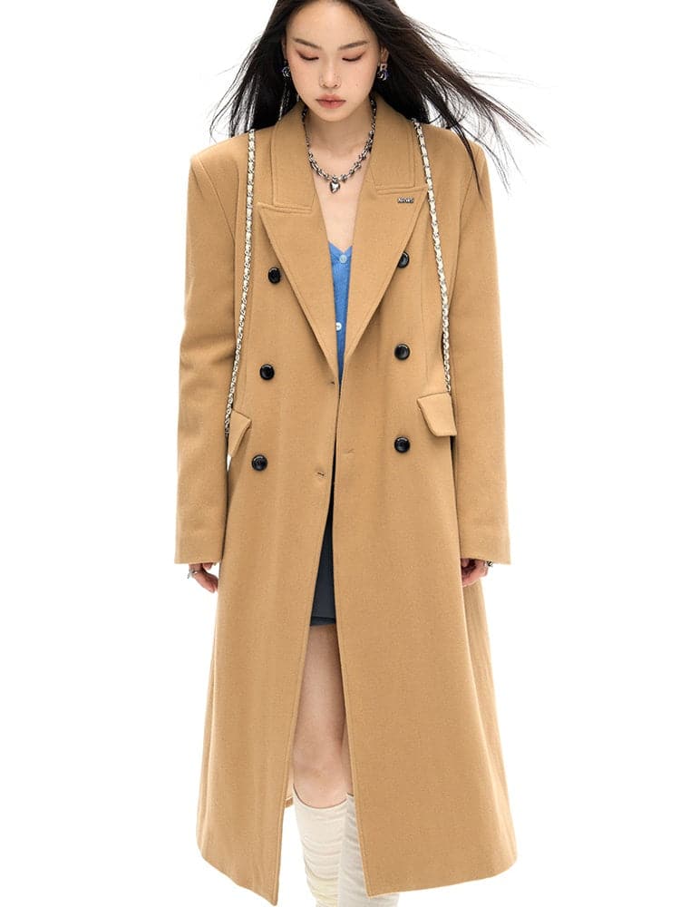 Double-Breasted Wool Long Coat - Slim Waist Tailored Winter Outerwear