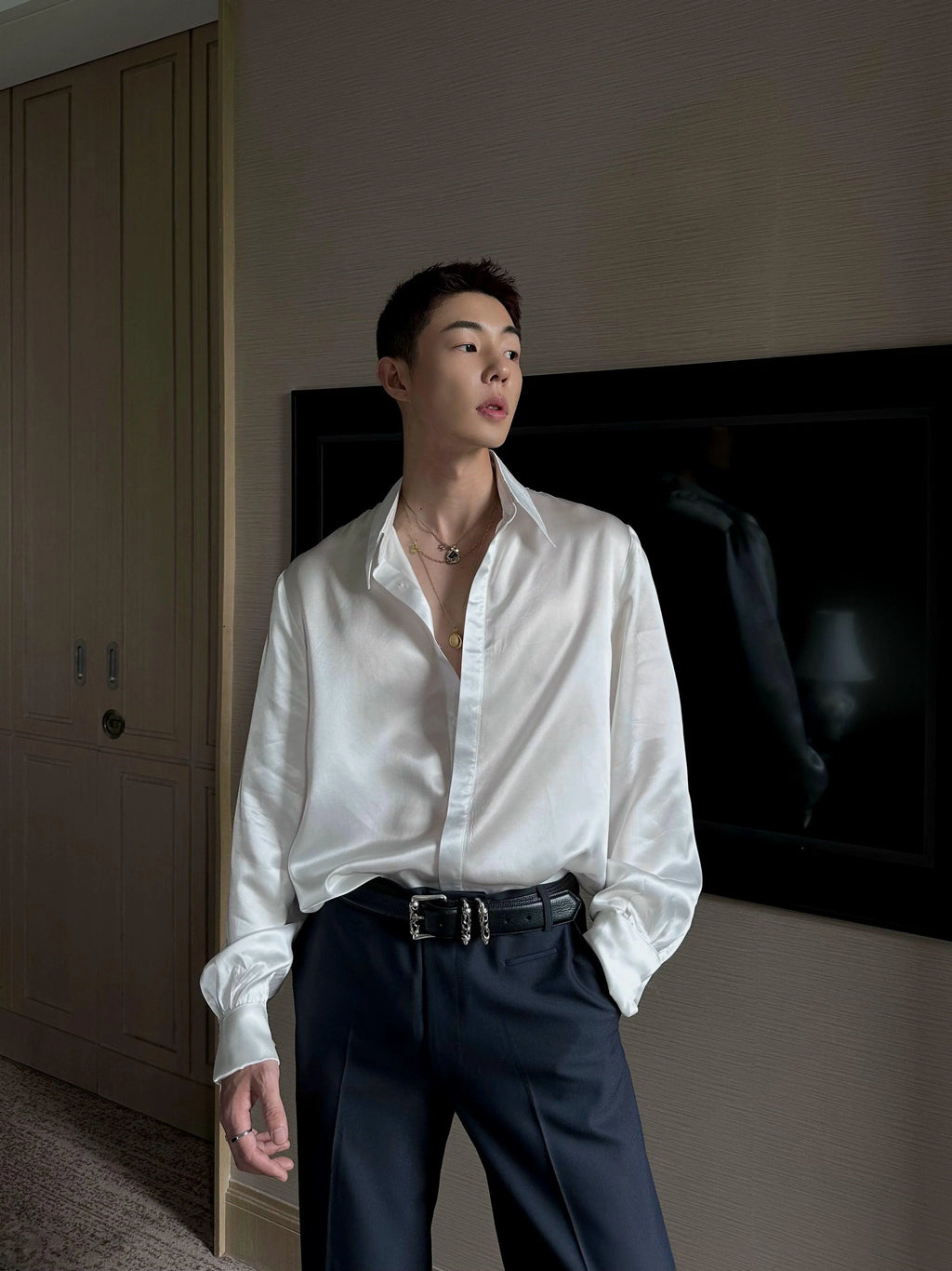 Weave Studio White Satin Button-Down Shirt - Oversized Long Sleeve