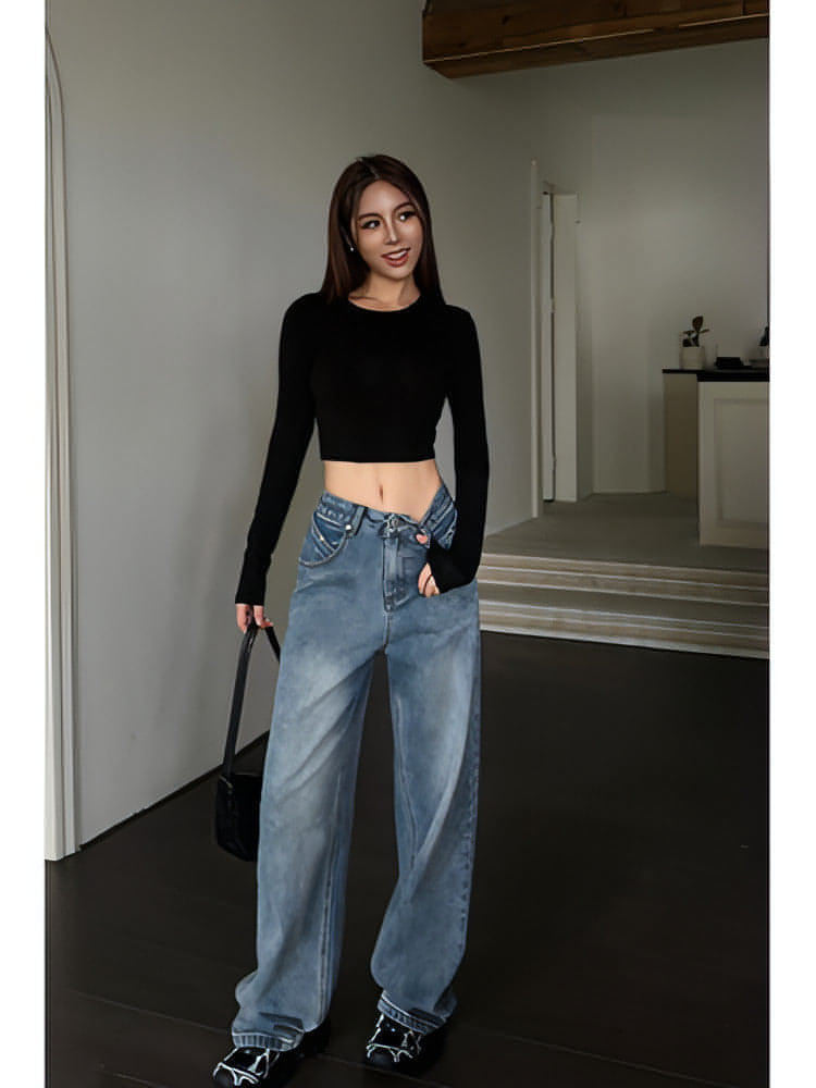 High-Waist Loose Wide-Leg Denim Jeans