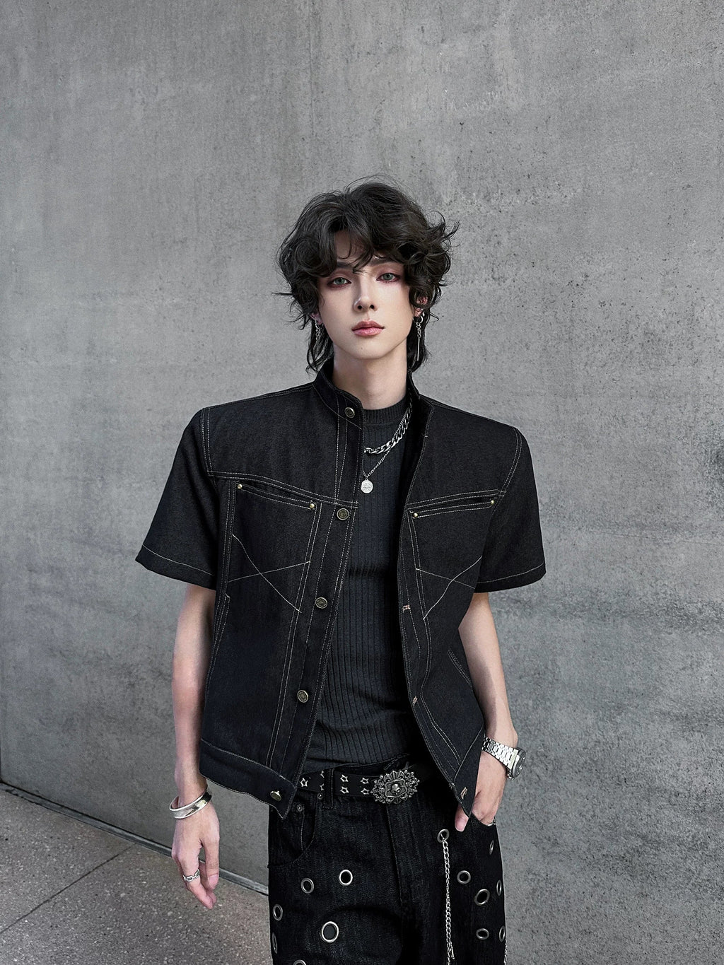 Iron Grid High-Collar Utility Denim Jacket