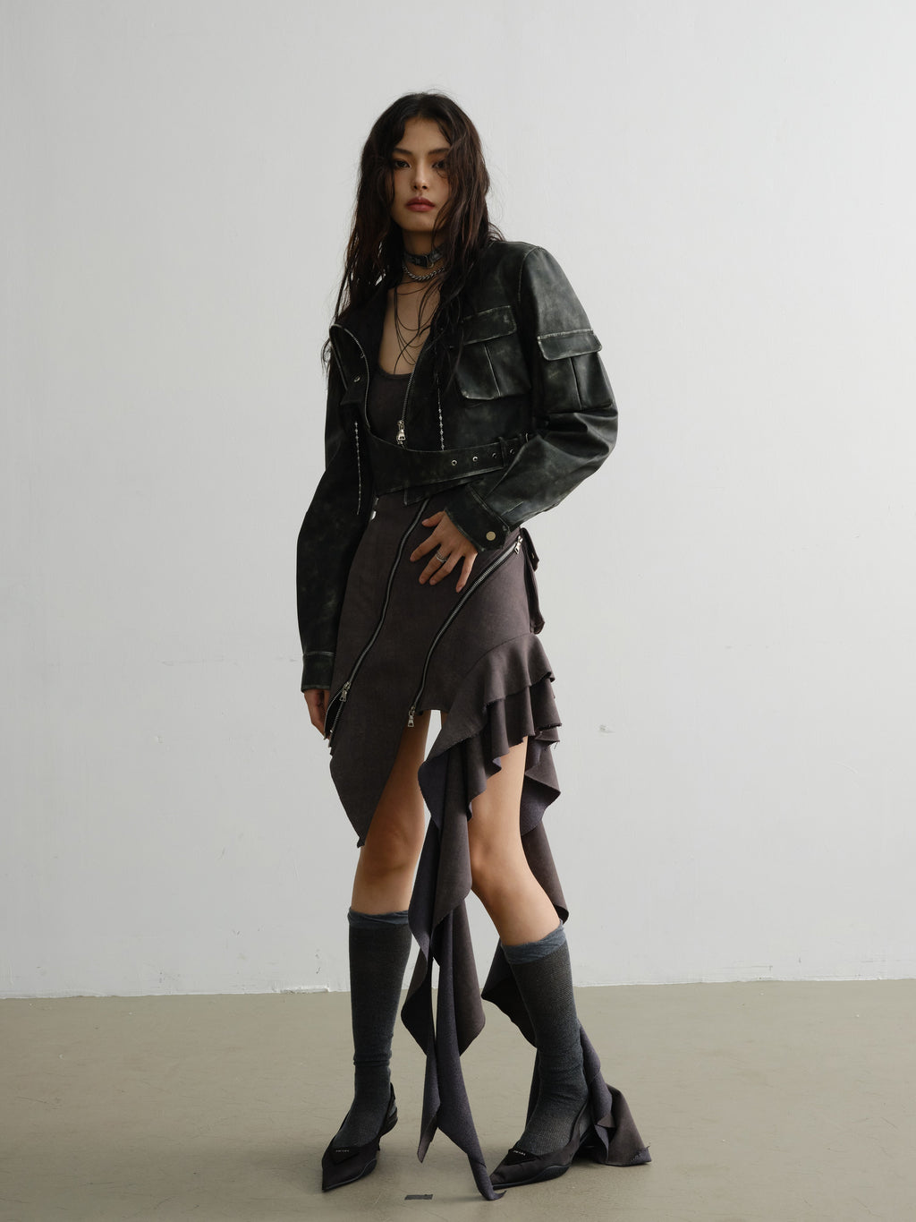 Elegant Ruffled Suspender Dress With Unique Zipper Detail