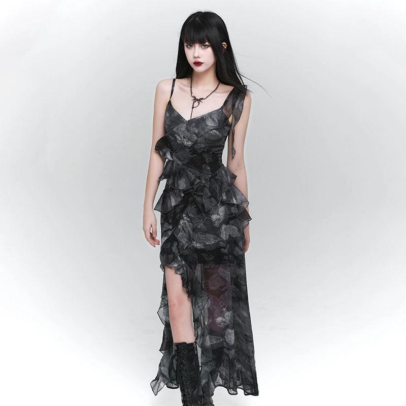 Dark Glamour Asymmetrical Maxi Dress - Women'S Sheer Floral Print Ruffle Dress With High Slit