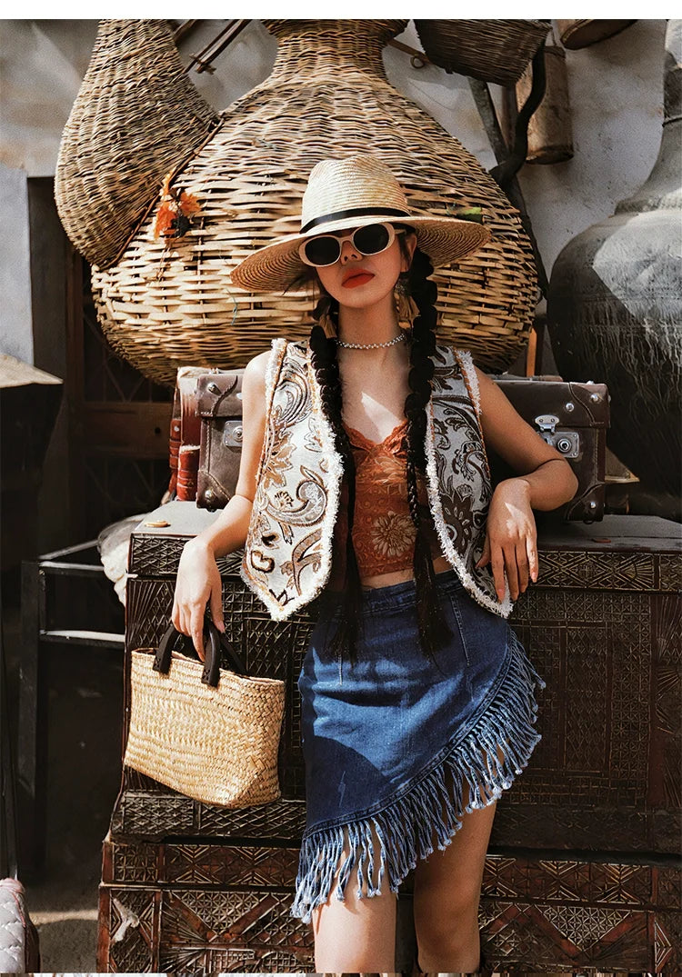 Asymmetrical Fringe Denim Skirt