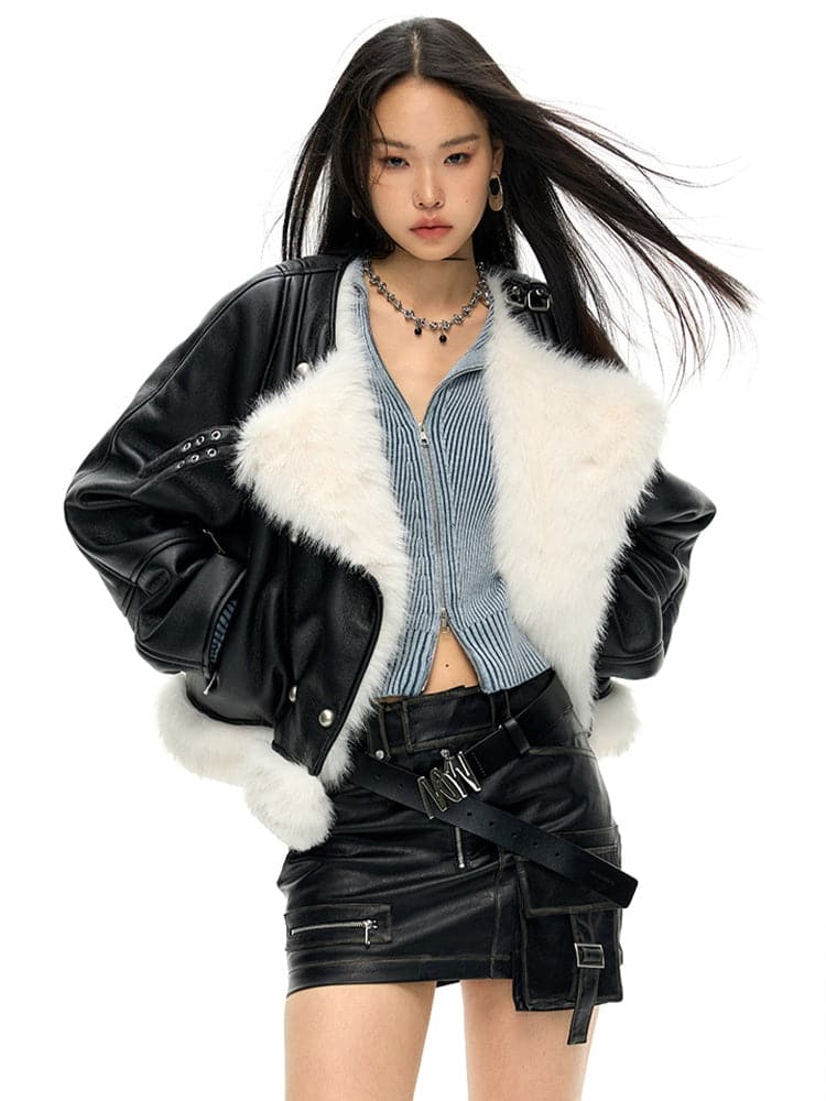 Oversized Faux Leather Jacket with Faux Fur Collar - Sustainable Vegan Outerwear