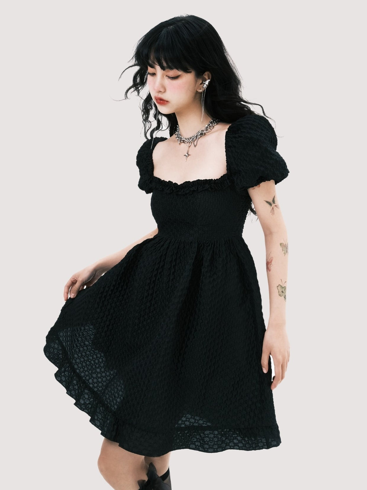 Elegant Square Neck Puff Sleeve Jacquard Dress