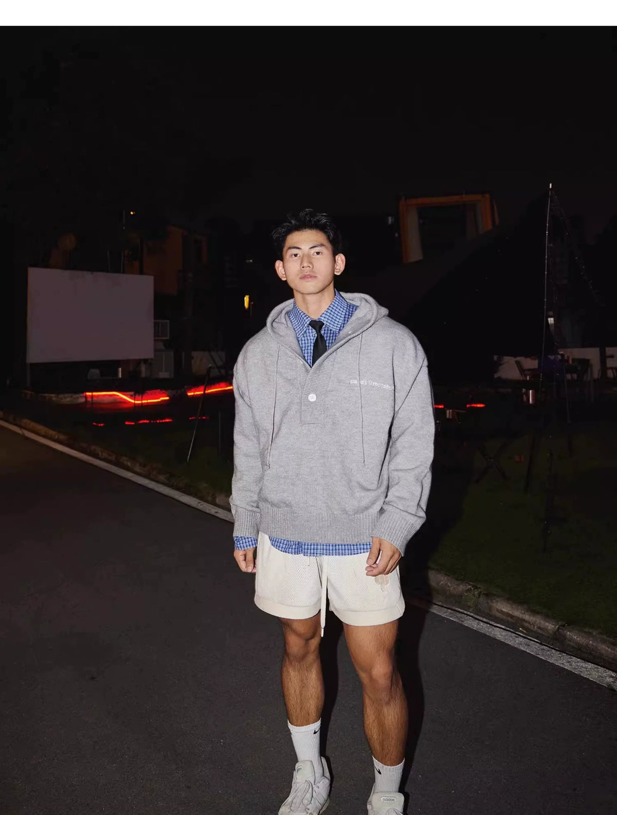 Blue Knit Hooded Henley Sweater