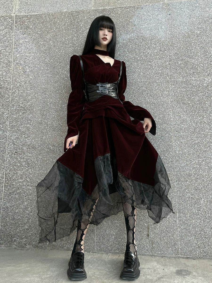 Burgundy Velvet Gothic Maxi Dress