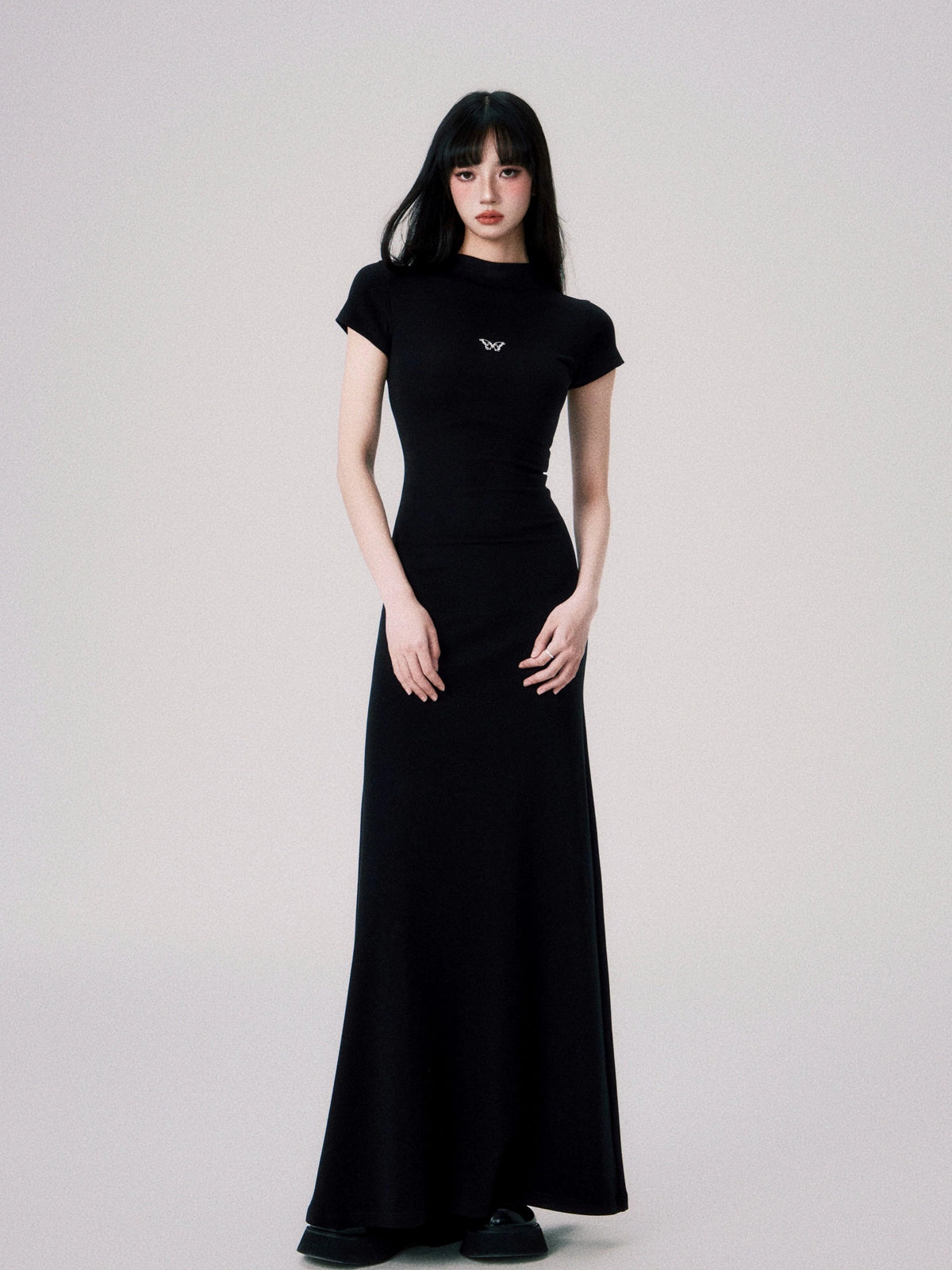 Butterfly Emblem Fitted Maxi Dress - Women'S Elegant Evening Gown
