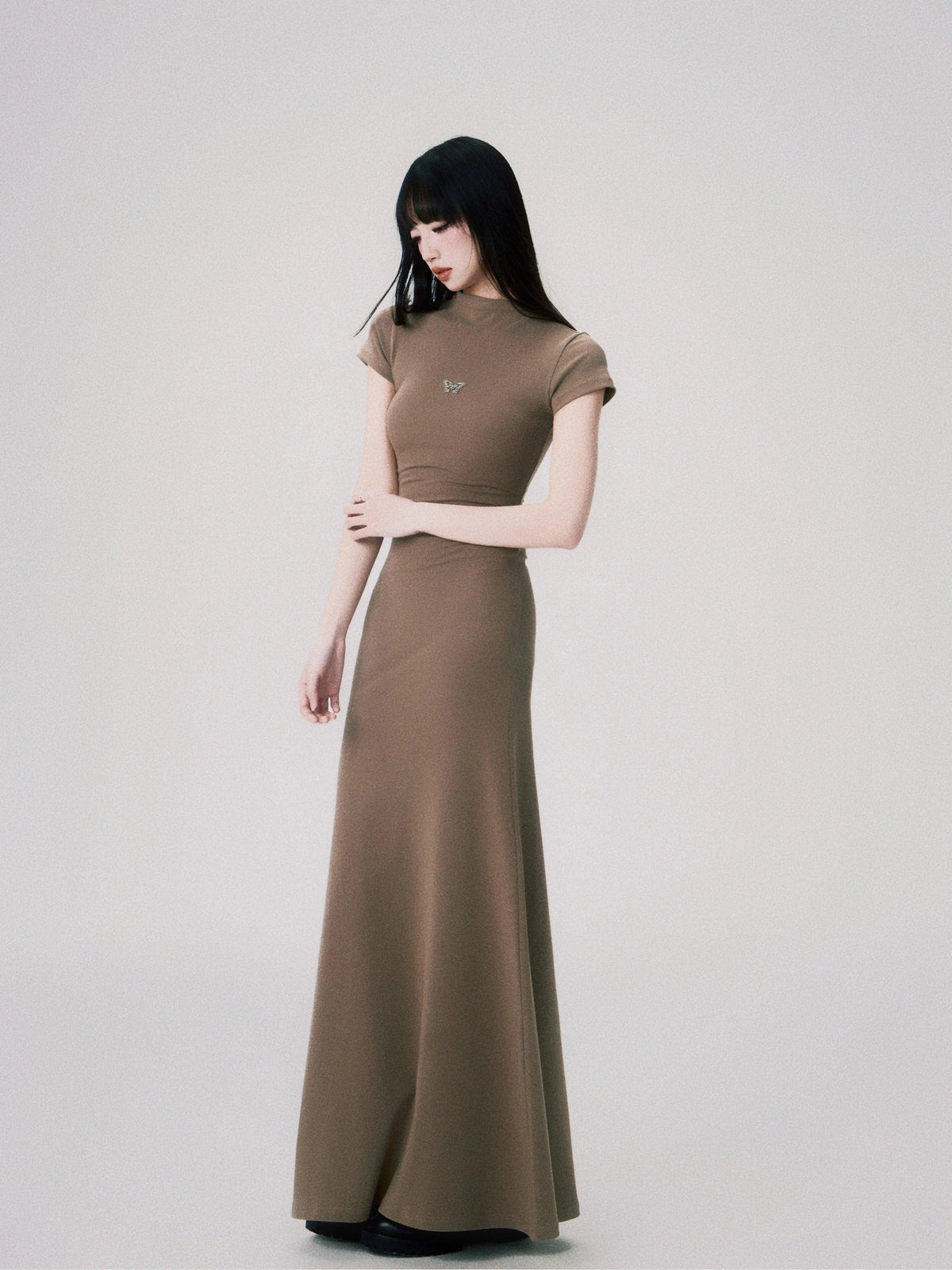 Butterfly Emblem Fitted Maxi Dress - Women'S Elegant Evening Gown