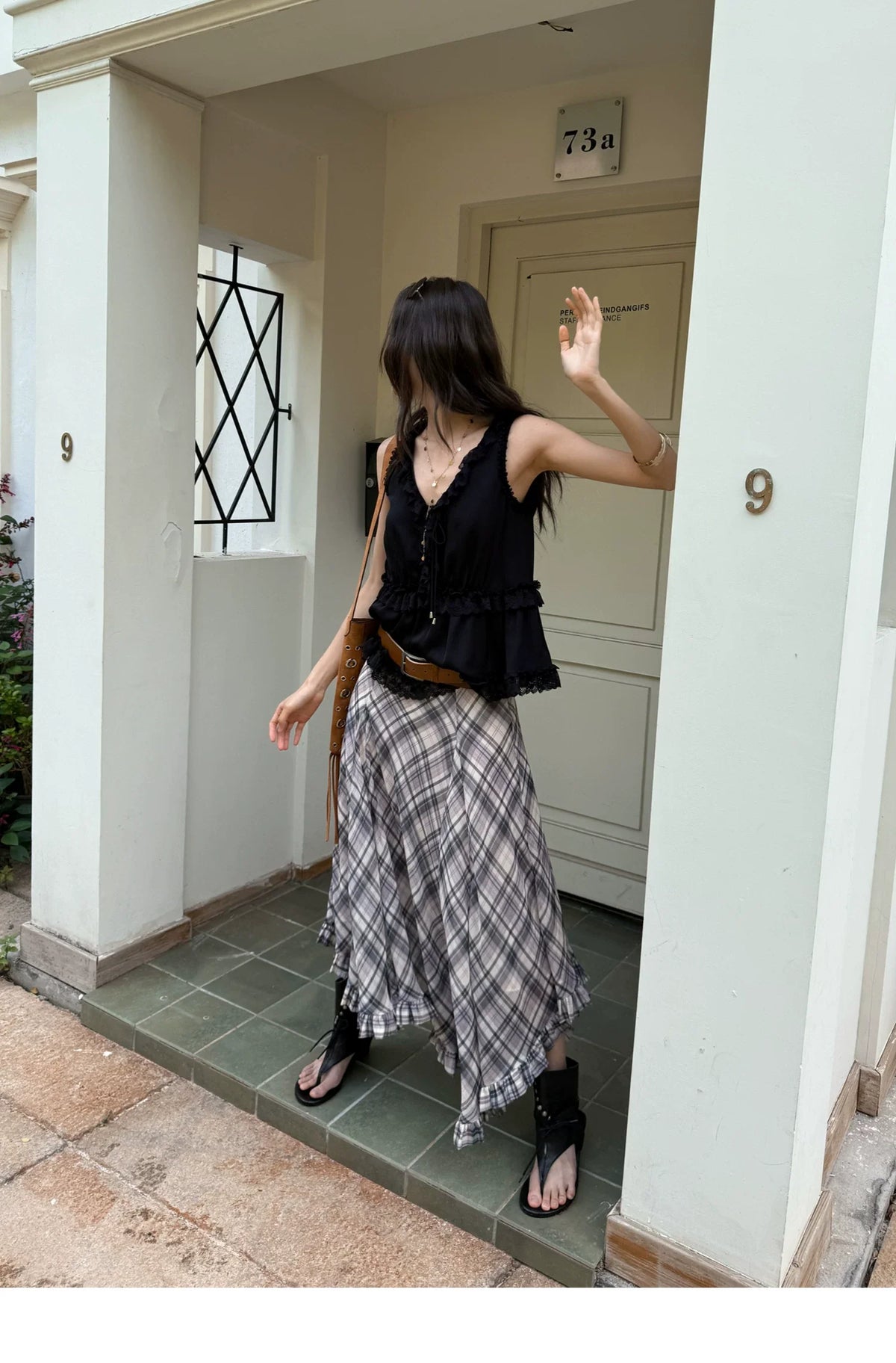 Plaid Chiffon Asymmetric Hem Skirt