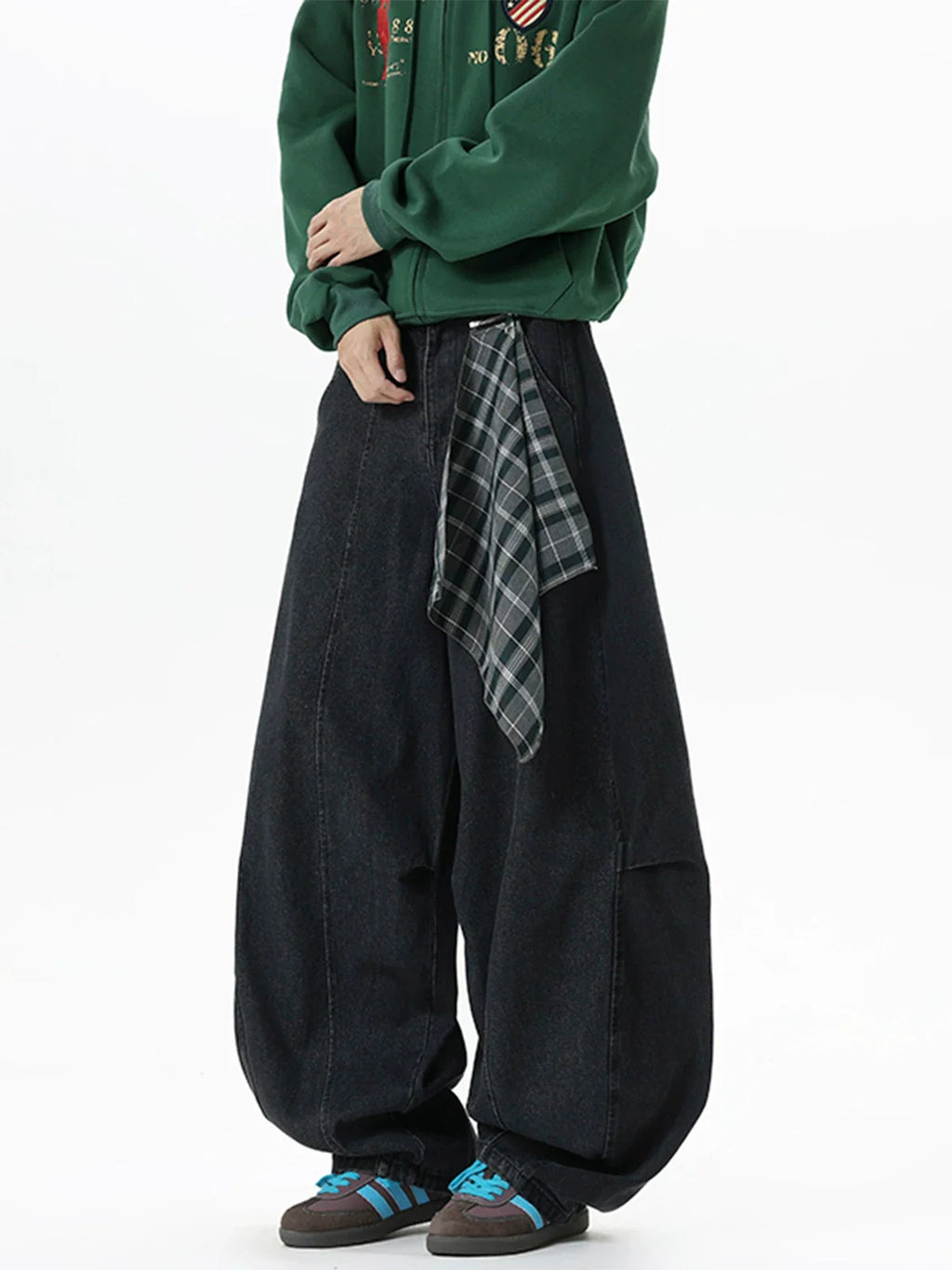 Plaid-Tie Barrel Denim Pants