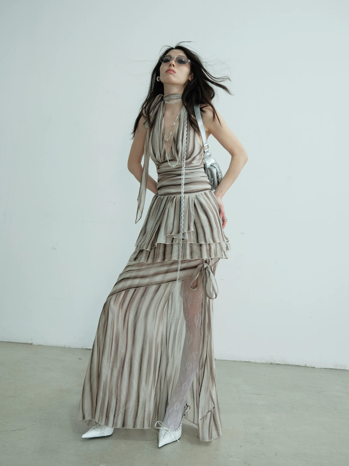 Ruched Halter Striped Two-Piece Dress Set