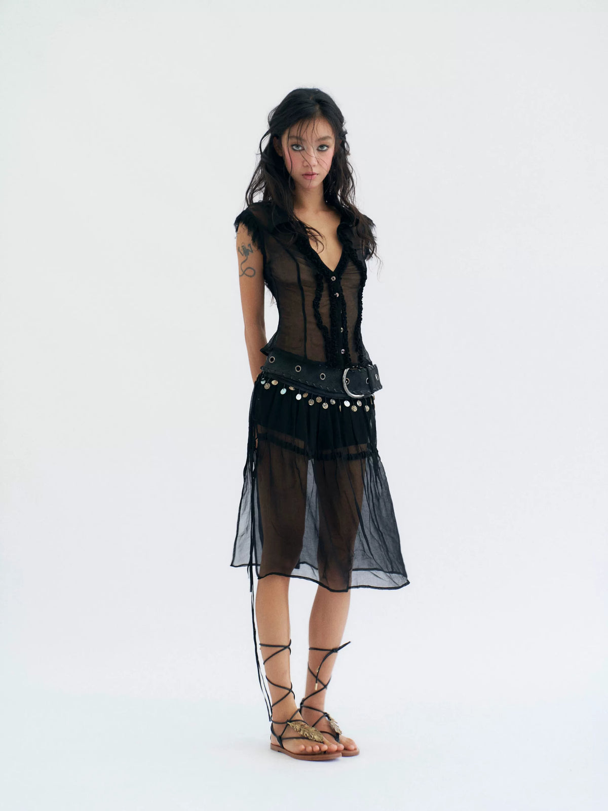 Moonlit Veil Sheer Coin‑Trim Skirt