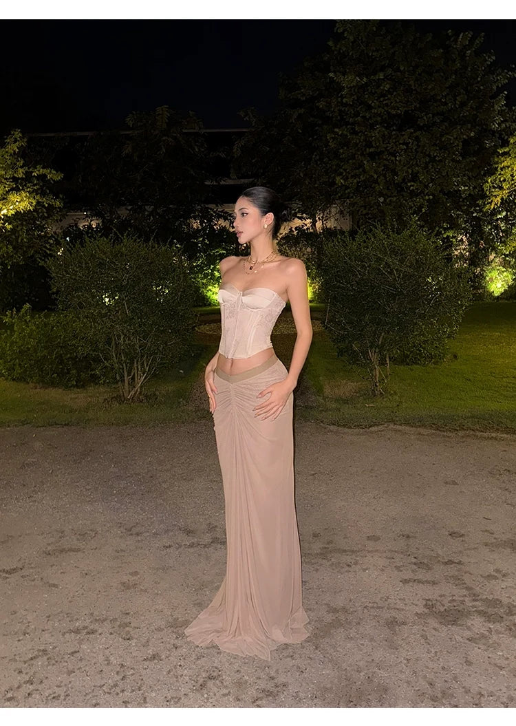 Taupe Ruched V-Waist Maxi Skirt