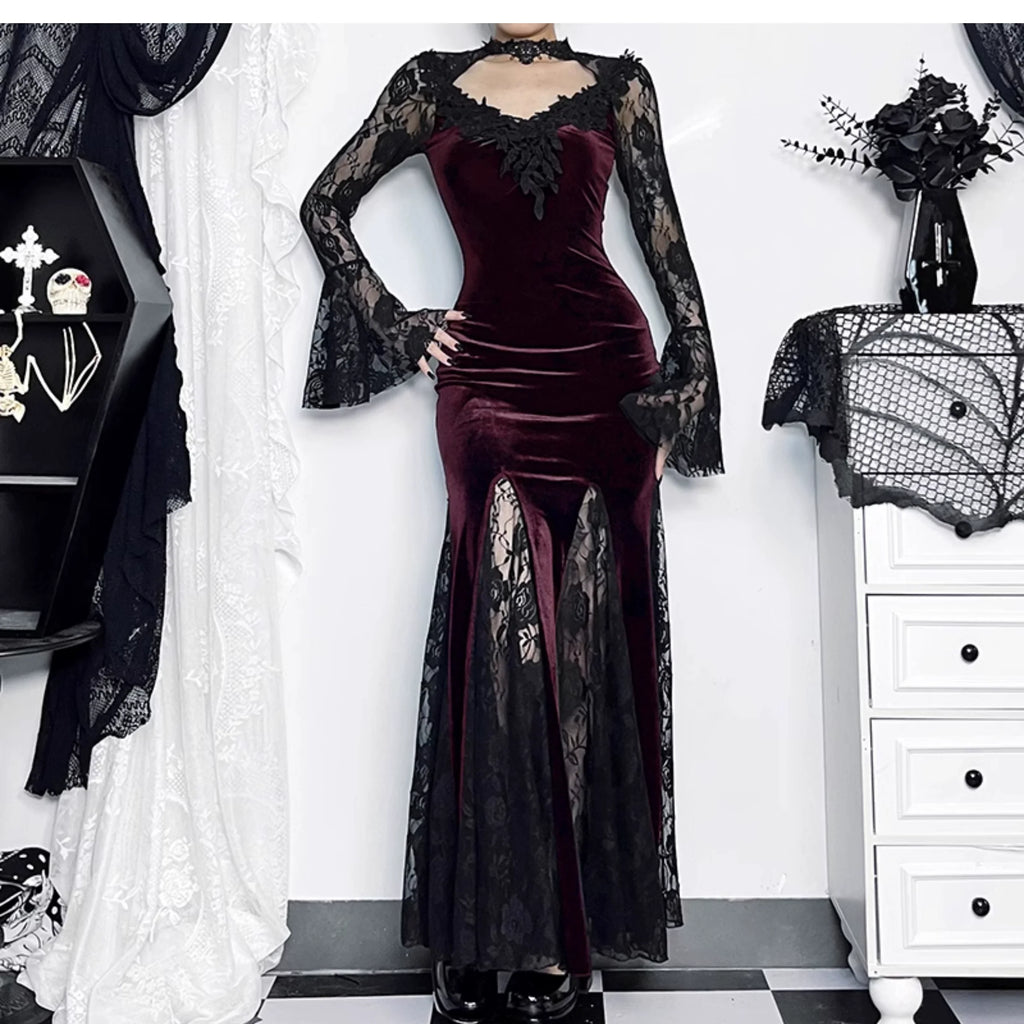 Gothic Velvet Mermaid Gown-Long Sleeve Lace Floor-Length Dress With High Collar