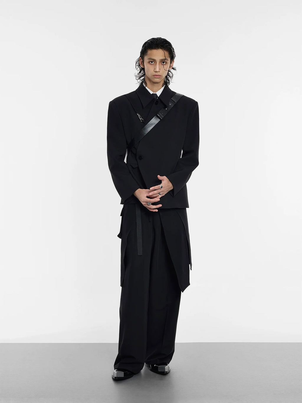 Asymmetrical Black Blazer with Safety Pin Detail