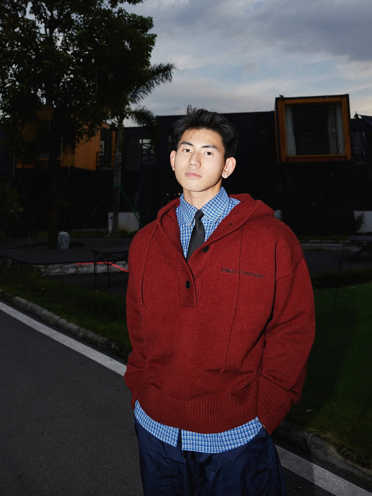 Blue Knit Hooded Henley Sweater
