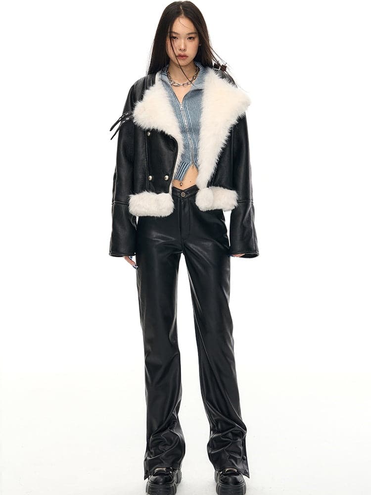 Oversized Faux Leather Jacket with Faux Fur Collar - Sustainable Vegan Outerwear