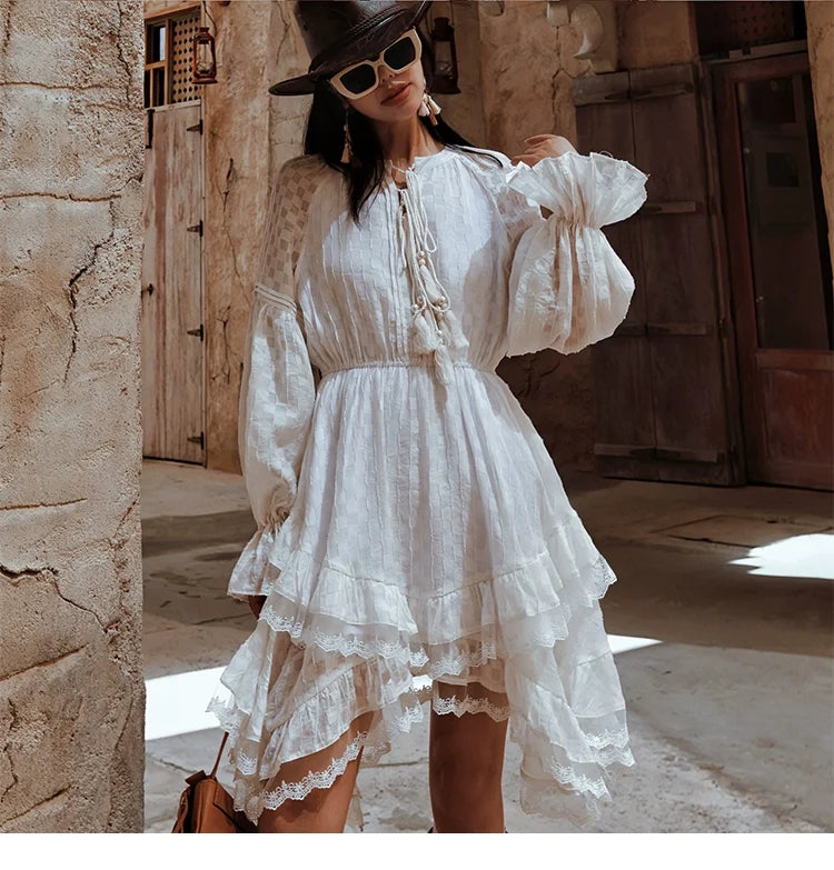 Maixu White Ruffle Long-Sleeve Midi Dress