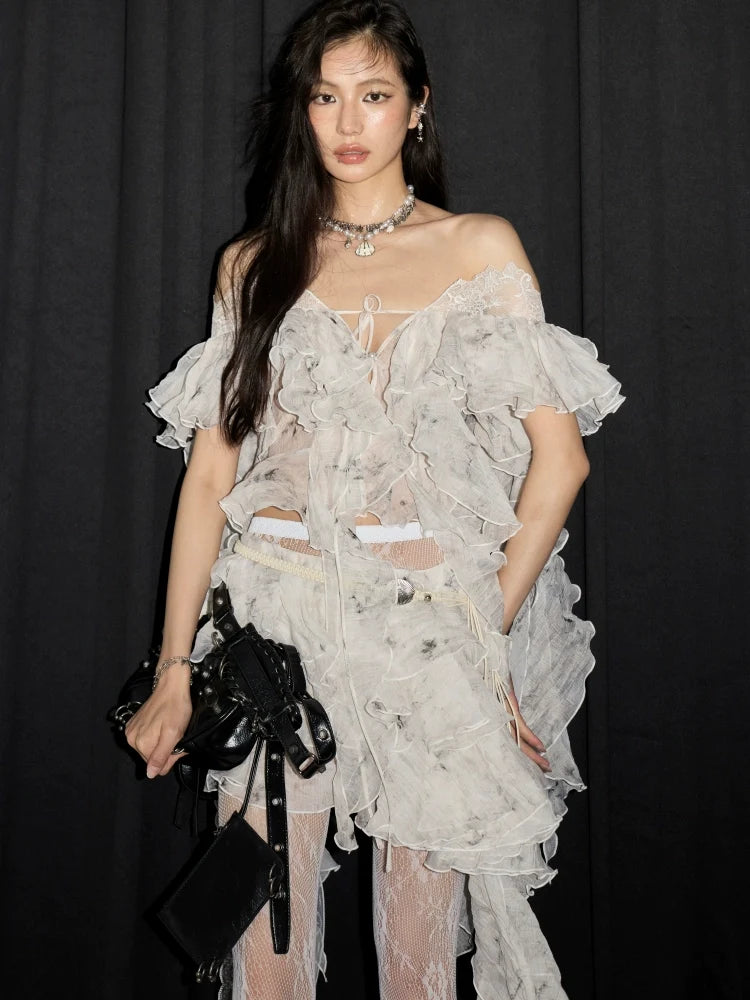 Asymmetrical Tiered Lace Ruffle Skirt in White