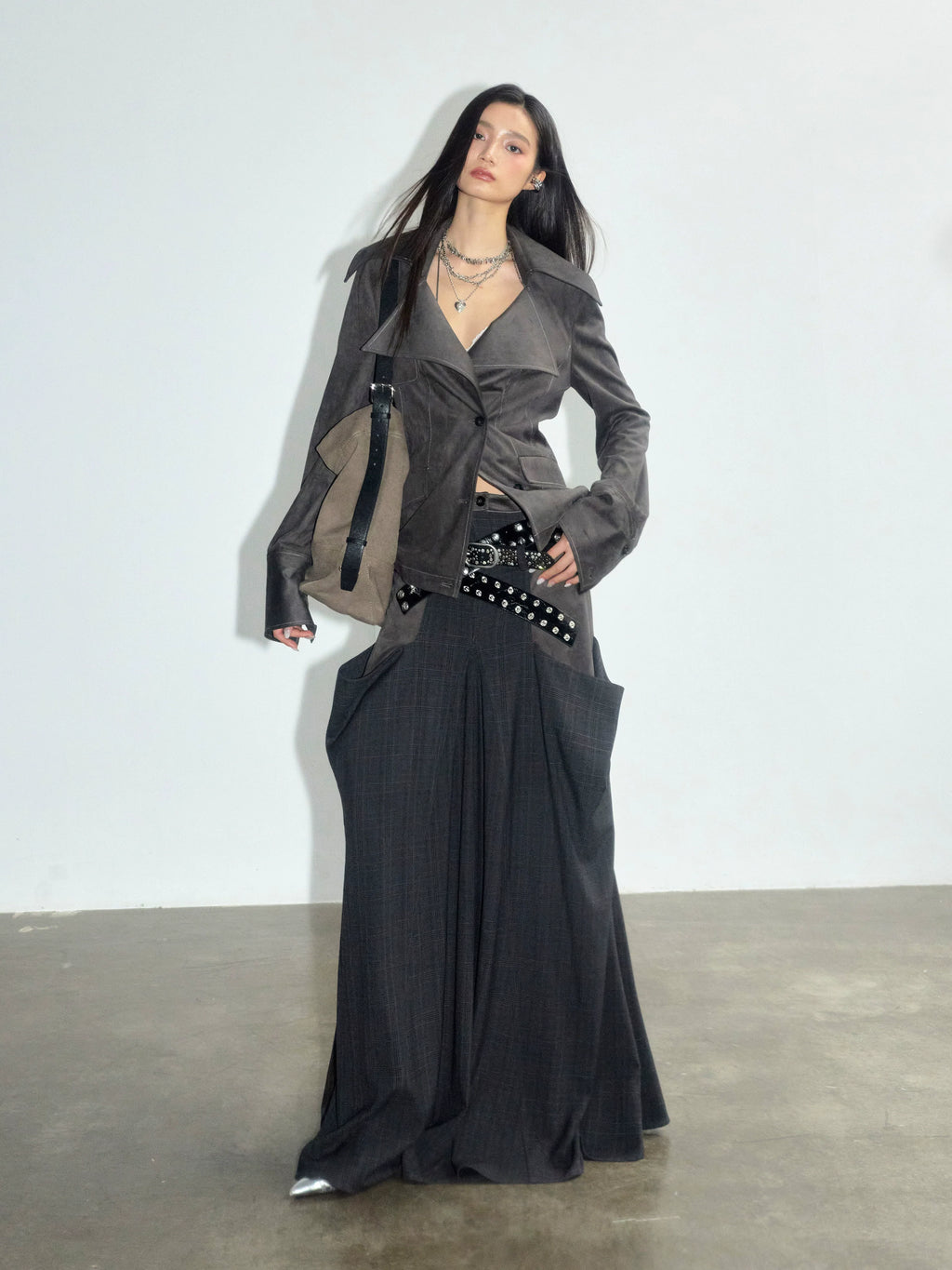 Charcoal Suede Panel Midi Skirt