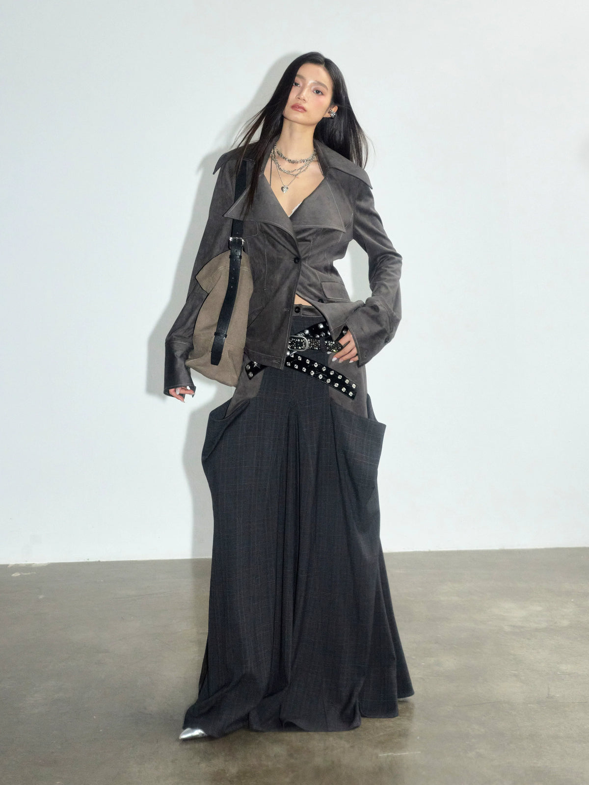 Charcoal Suede Panel Midi Skirt