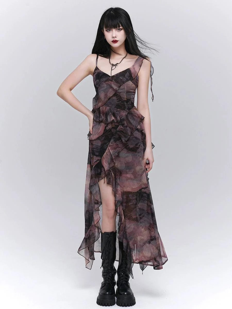 Dark Glamour Asymmetrical Maxi Dress - Women'S Sheer Floral Print Ruffle Dress With High Slit