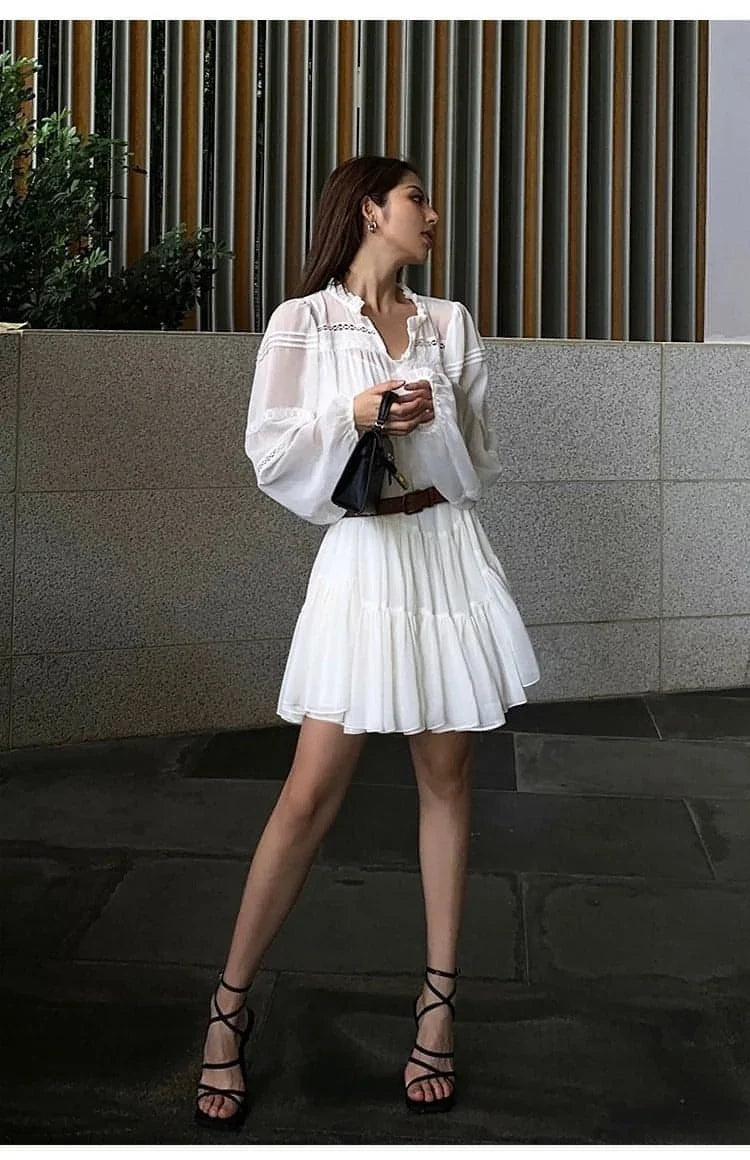 French-Style Ruffle Mini Shirt Dress
