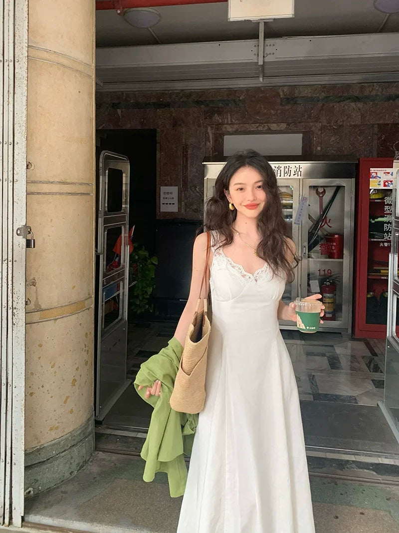 Hollow Lace Trim White Maxi Dress