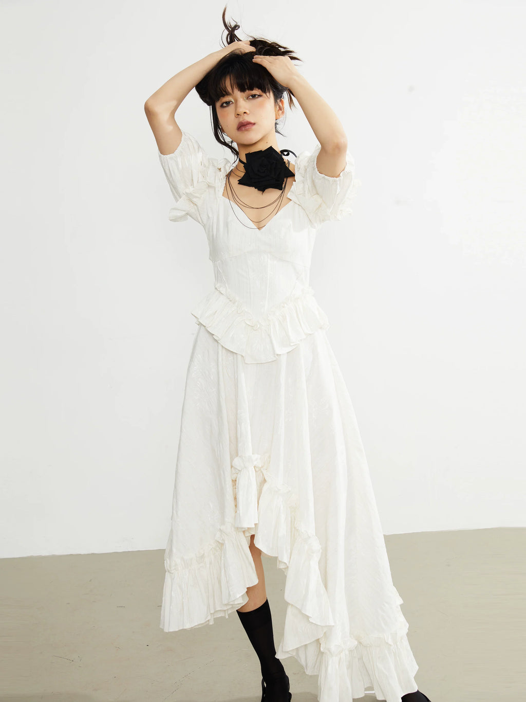 Ivory Ruffle Asymmetry Midi Dress