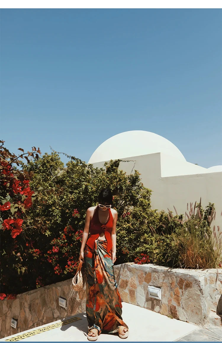 Abstract Print Tie Waist Maxi Skirt