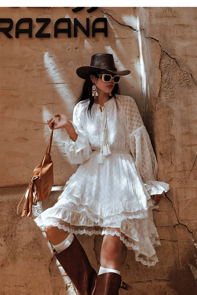 Maixu White Ruffle Long-Sleeve Midi Dress