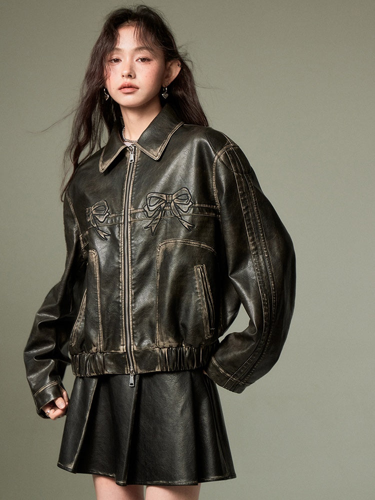 DIDDI MODA Bow-Detail Colorblock Faux-Leather Jacket