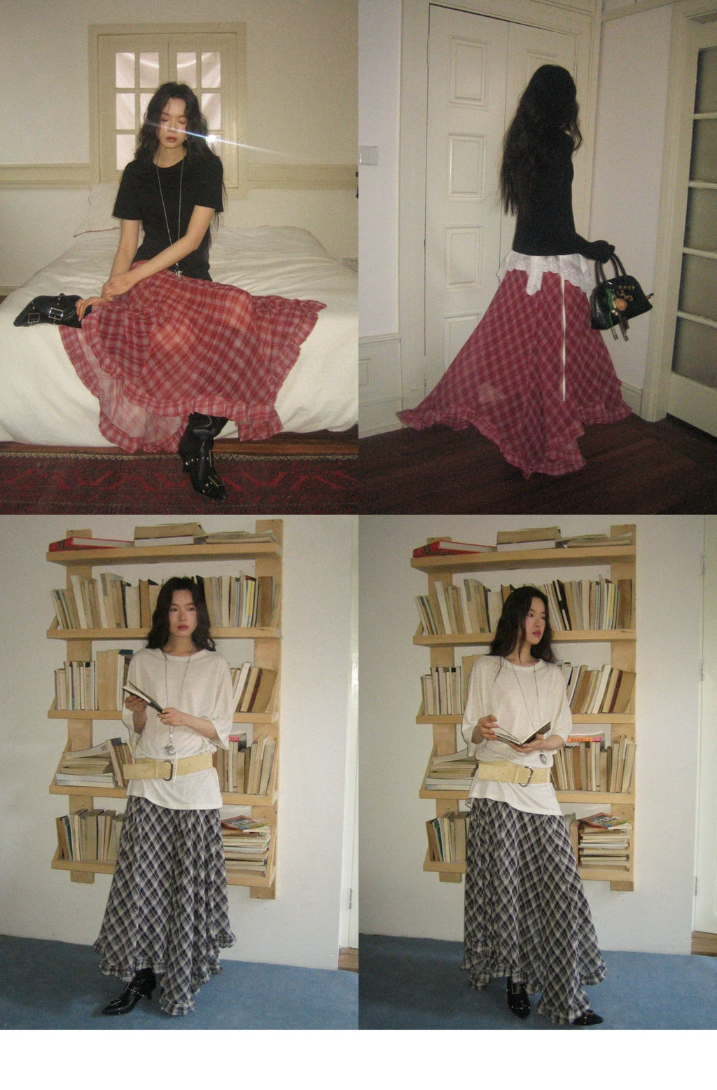 Plaid Chiffon Asymmetric Hem Skirt