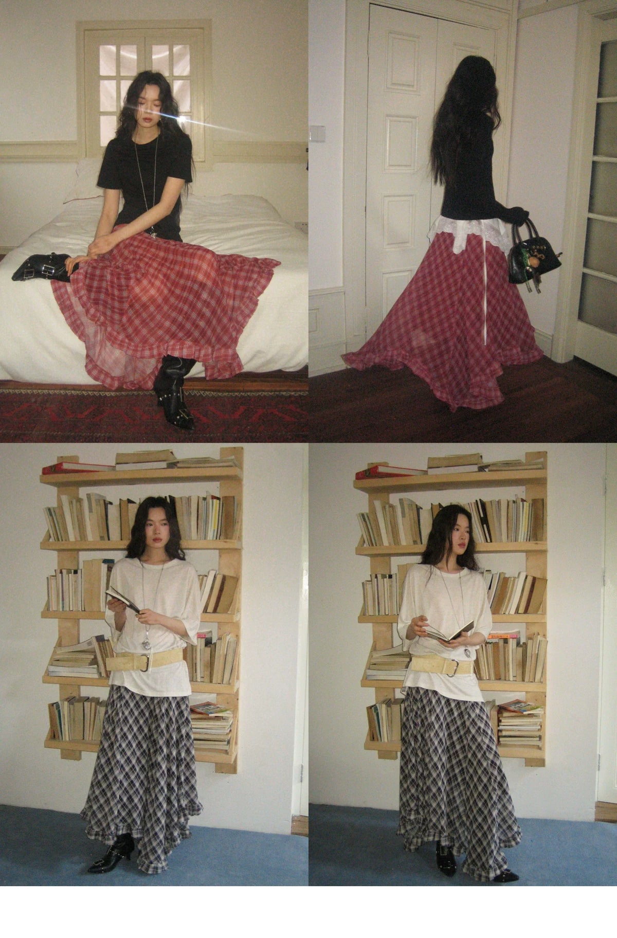 Plaid Chiffon Asymmetric Hem Skirt