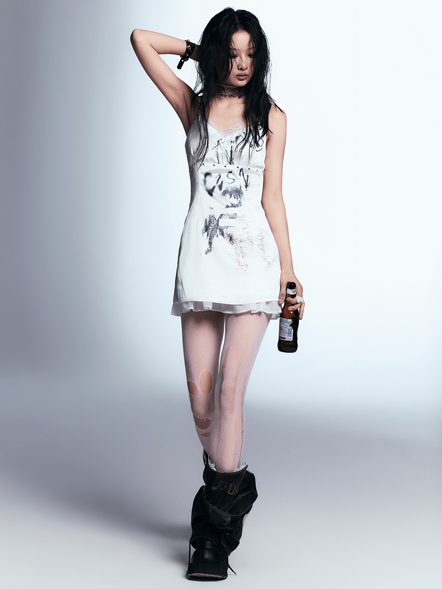 White Distressed Graphic Tank Dress - Women'S Sleeveless Mini Bodycon With Grunge Print