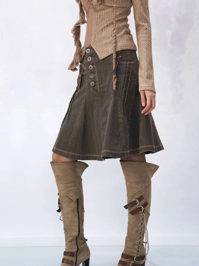 Walnut Panel Button A‑Line Skirt