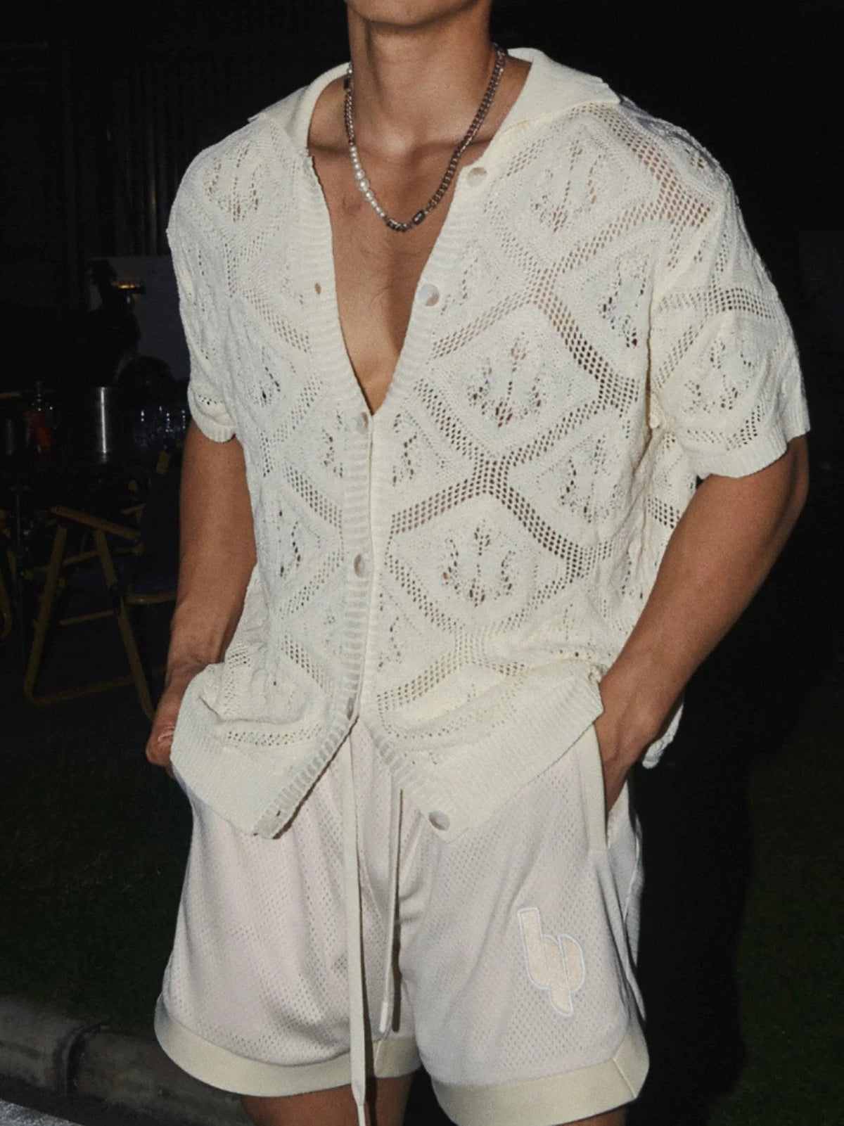 Men's White Crochet Button-Up Shirt