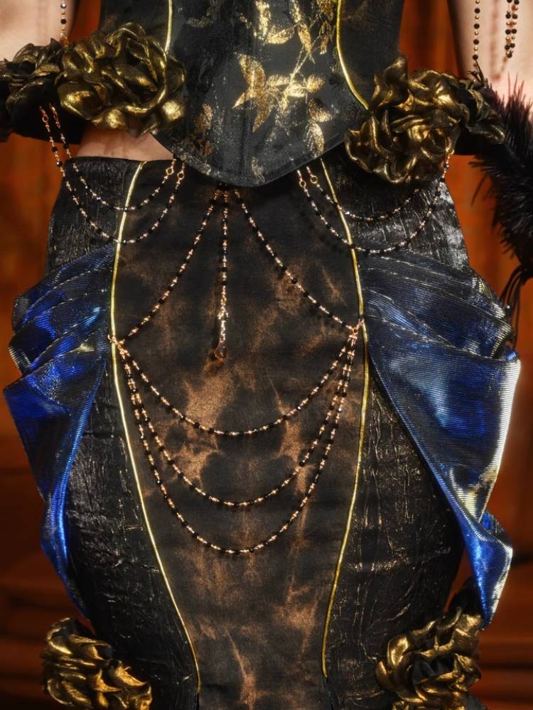 Blue Velvet Victorian Bustle Maxi Skirt